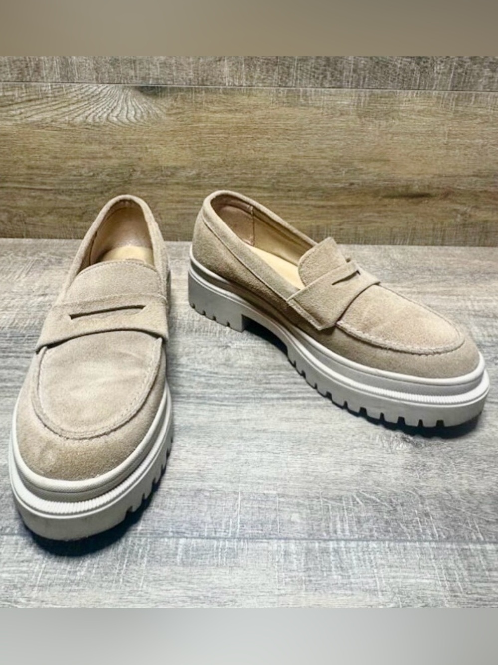 Women's Chunky Patina Portland Leather Suede Loafers in Beige 10